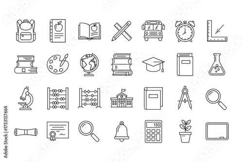Back to School education outline icon set. Learning and knowledge day concept. School supplies symbols like book, bus, globe, diploma, microscope, calculator. Vector web pictograms.