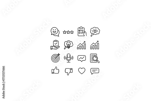 Customer experience and feedback line icon set. Business icons for user satisfaction, review, rating, and survey. Includes growth chart, target, analysis, and communication.