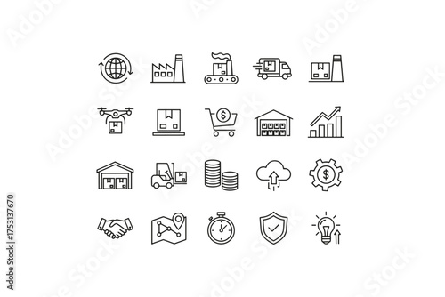 Supply chain management and logistics line icon set. Concepts of global shipping, factory production, drone delivery, warehouse storage, e-commerce, and business operations.