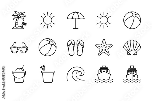 Set of Outline Beach Icons with Palm Trees, Sun, Umbrella, Sunglasses, Flip Flops, Starfish, Shell, Sand Buckets, Wave, and Ships for Summer Vacation and Coastal Leisure