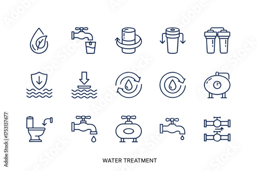 Set of water treatment line icons with water purification, filtration, pipeline valves, water cycle, water saving, clean water, drinking water, wastewater management, environmental water protection