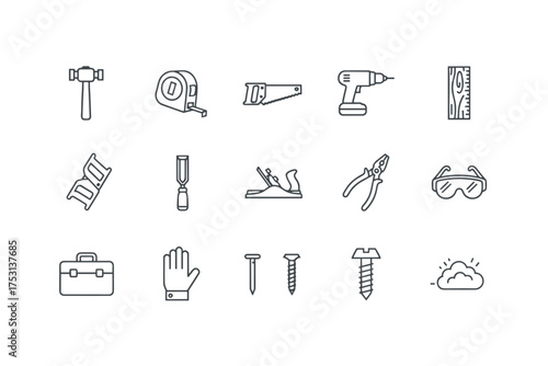 Set of precise outline icons representing essential carpentry tools and equipment for woodworking, construction, DIY projects, measuring, cutting, safety gear, hardware, and manual labor skills