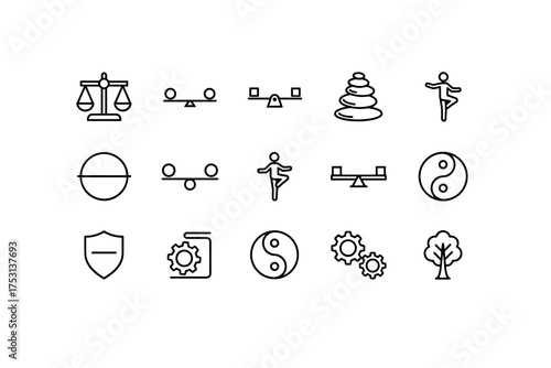 Set of outline icons representing balance and harmony concepts, including scales, yoga poses, yin-yang symbols, stones stack, gears, shield, and nature, minimalistic line art vector