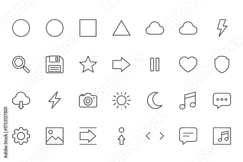 Simple computer icon set with various shapes and symbols, minimalistic line art icons for technology, media, user interface, digital cloud, settings, music, communication, and navigation
