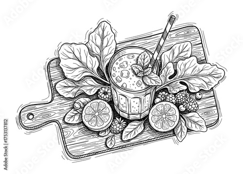 Hand-Drawn Smoothie with Leafy Greens and Fruit in Line Art. Vector Illustration for Wellness and Healthy Living.