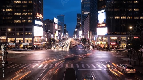 Vibrant Cityscape at Twilight Capturing the Energetic Movement of Traffic and Illuminated Buildings Creating a Dynamic Urban Atmosphere with Streaks