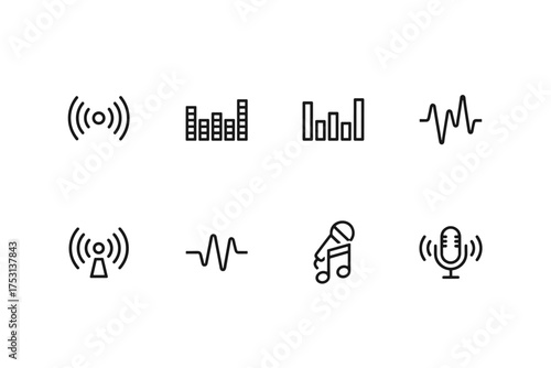 Sound and Noise Outline Icon Set with Waveform, Microphone, Music, and Signal Bars, Audio Technology Symbols, Radio Broadcast, Voice Recording, and Voicewaves Design Elements