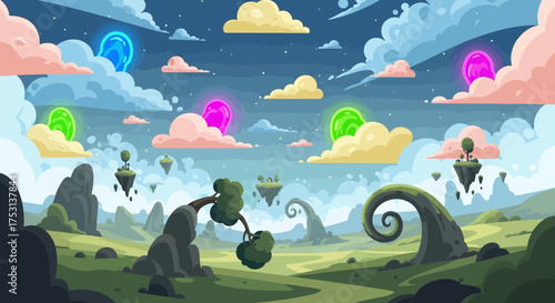 Cartoonish Creature Reaching for Fruit in a Whimsical Landscape.