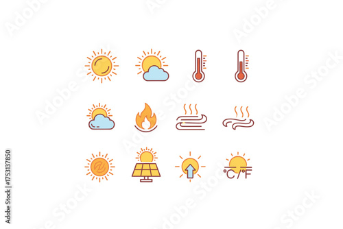 Sunny weather and solar energy icons collection with sun, cloud, fire, temperature, heat wave, solar panel, Celsius and Fahrenheit symbols for weather and climate concepts