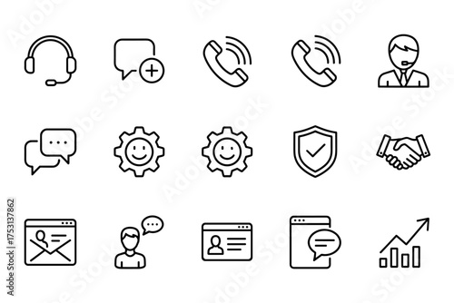 Support service isolated vector icons set with customer service headset, phone calls, chat bubbles, security shield, handshake agreement, business growth and user profile symbols