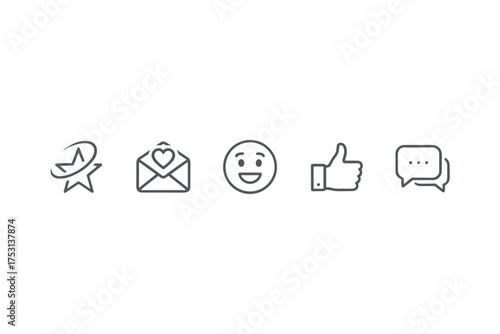 Set of positive feedback icons including star with swoosh, love letter, happy smiley face, thumbs up, and chat bubbles for review, approval, rating, and communication concepts