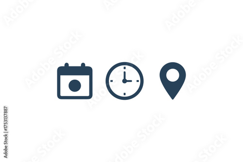 Travel and Planning Icons Set with Calendar Date, Clock Time, and Location Pin for Scheduling and Navigation Concepts