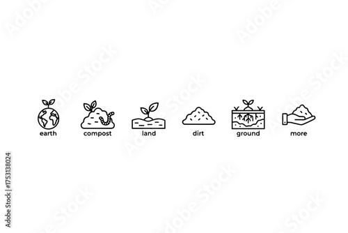 Soil line icon set. Earth, ground, compost, and plant growth icons. Vector symbols for agriculture, gardening, and ecology. Thin line pictogram collection for nature concepts.