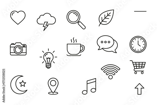 Simple stroke line vector icon set on white background with basic symbols for technology, communication, weather, nature, shopping, and daily life essentials, minimal design