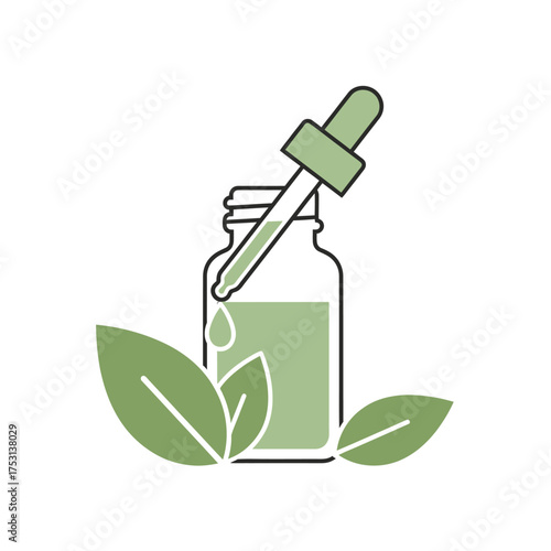 CBD Oil Bottle with Dropper and Green Leaves Illustration.