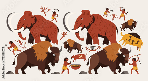 Cave Paintings Depicting Mammoths, Bison, and Early Humans Hunting.