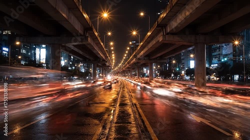 Vibrant Cityscape at Night With Streaking Headlights and Taillights On Wet Asphalt Reflecting City Lights Under Elevated Highway Infrastructure