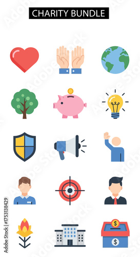 Charity and Donation Icons Bundle - Heart, Hands, Globe, Tree, Piggy Bank, Light Bulb.