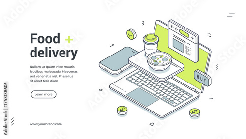 Food delivery internet menu service laptop contoured isometric web banner design template vector illustration. Order meal dish online shop cafe restaurant cyberspace computer smartphone technology