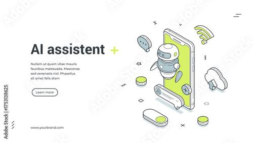 AI assistant chatbot mobile app customer support isometric contoured web banner design template vector illustration. Artificial intelligence virtual robotic communication digital technology