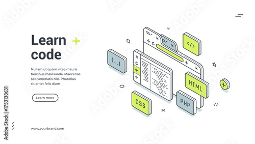 Programming code learning software development isometric web banner design template vector illustration. Program coding automation digital technology engineering network script algorithm studying