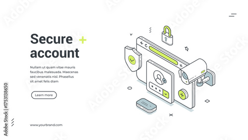 Secure account user information identification web banner design template isometric vector illustration. Internet data privacy authorization login password access website verification registration