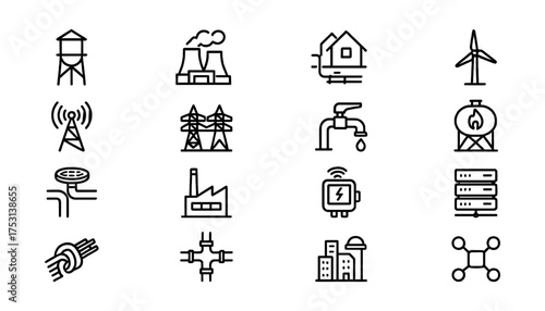 Utility and Infrastructure Line Icons – Energy, Water, Gas, and Communication Systems
