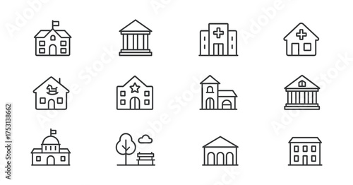 Public Buildings Line Icons – Schools, Hospitals, Government and Community Centers
