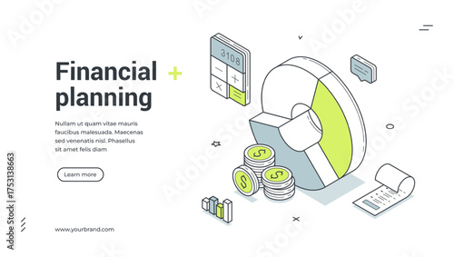 Financial planning budget balance analyzing isometric web banner design template vector illustration. Finance banking accounting bookkeeping earnings expenses profit business optimization control