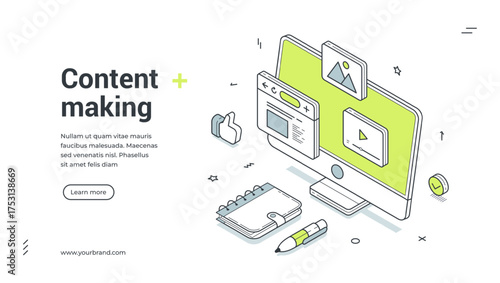 Content making creative writing storytelling isometric web banner design template vector illustration. Internet digital author journalist marketing blog multimedia technology communication ad