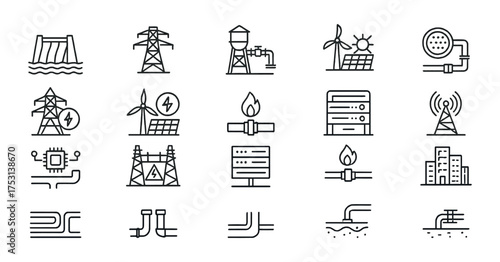 Energy and Infrastructure Line Icons – Power, Water, Gas, and Communication Systems