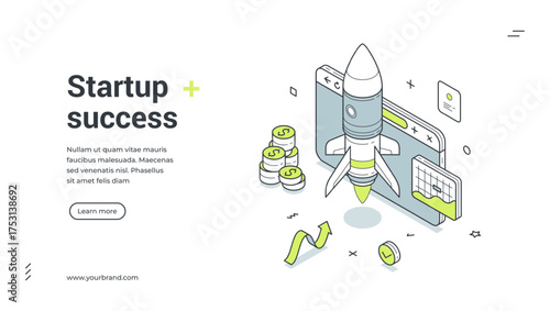 Success startup productivity business analyzing isometric web banner design template vector illustration. Project efficiency management strategy development analysis innovation idea leadership plan