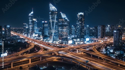 Vibrant nighttime aerial drone footage captures a sprawling metropolis with towering illuminated skyscrapers and a complex network of multi-level