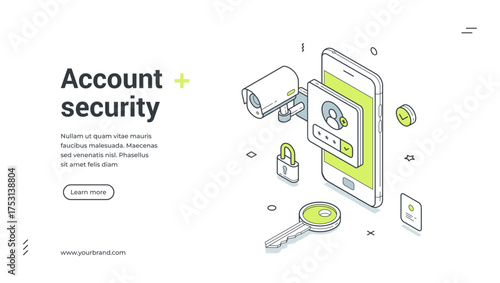 Mobile phone account security privacy control isometric web banner design template vector illustration. Smartphone application user data verification password login access authentication technology
