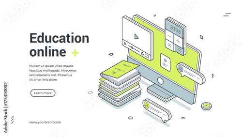 Online education e learning remotely lesson isometric web banner design template vector illustration. Internet class knowledge studying information graduation virtual classroom digital technology