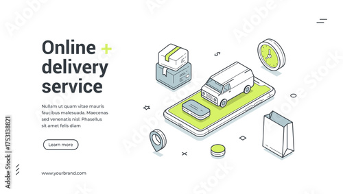 Online shopping order delivery service isometric web banner design template vector illustration. Logistic distribution shipping postal cargo transportation marketplace shipment tracking mobile app