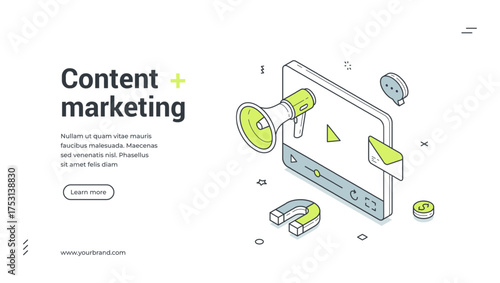 Content marketing social media network communication isometric web banner design template vector illustration. Internet networking advertising cyberspace megaphone announcement digital technology