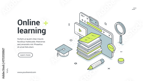 Online e learning internet education college school isometric web banner design template vector illustration. Cyberspace course lesson tutorial knowledge remote graduation studying digital technology