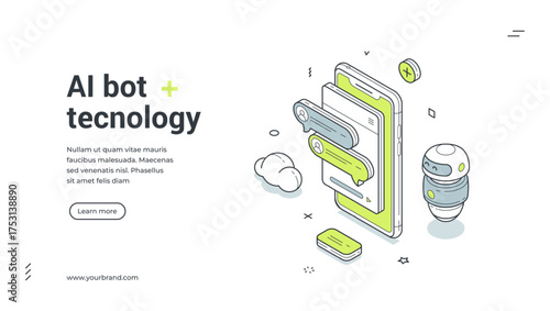 AI bot assistance technology mobile app isometric web banner design template vector illustration. Artificial intelligence chatbot virtual assistant robotic automation customer support digital service