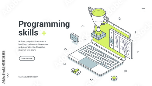 Programming skills code engineering learning isometric web banner design template vector illustration. Program coding digital technology contest championship education studying training development