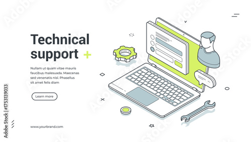 Technical support customer help digital service isometric web banner design template vector illustration. Virtual assistance consulting helpdesk hotline client communication internet technology