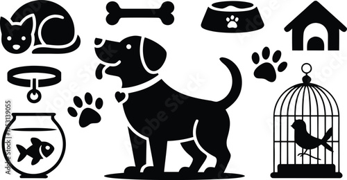 Black Pet Care Icon Set for Animal and Veterinary Designs