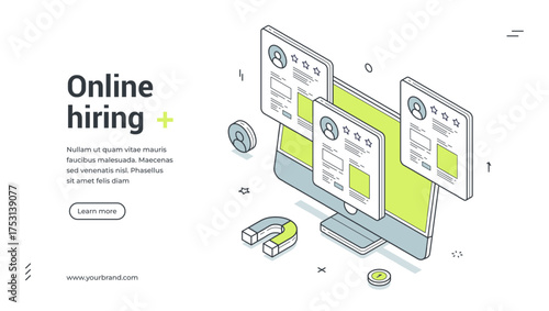 Online hiring recruitment employee career opportunity isometric web banner design template vector illustration. Internet headhunting staff vacancy job employment analyzing management recruiting