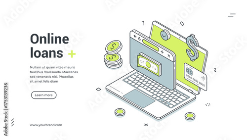 Online loan banking financial digital service isometric web banner design template vector illustration. Internet bank money transaction payment mortgage commercial cyberspace business technology