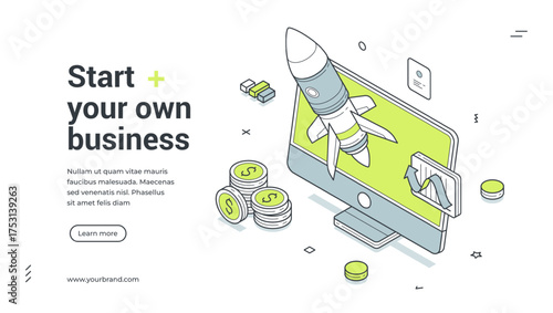Start your own business startup analyzing isometric web banner design template vector illustration. New project marketing planning strategy development success investment innovation management