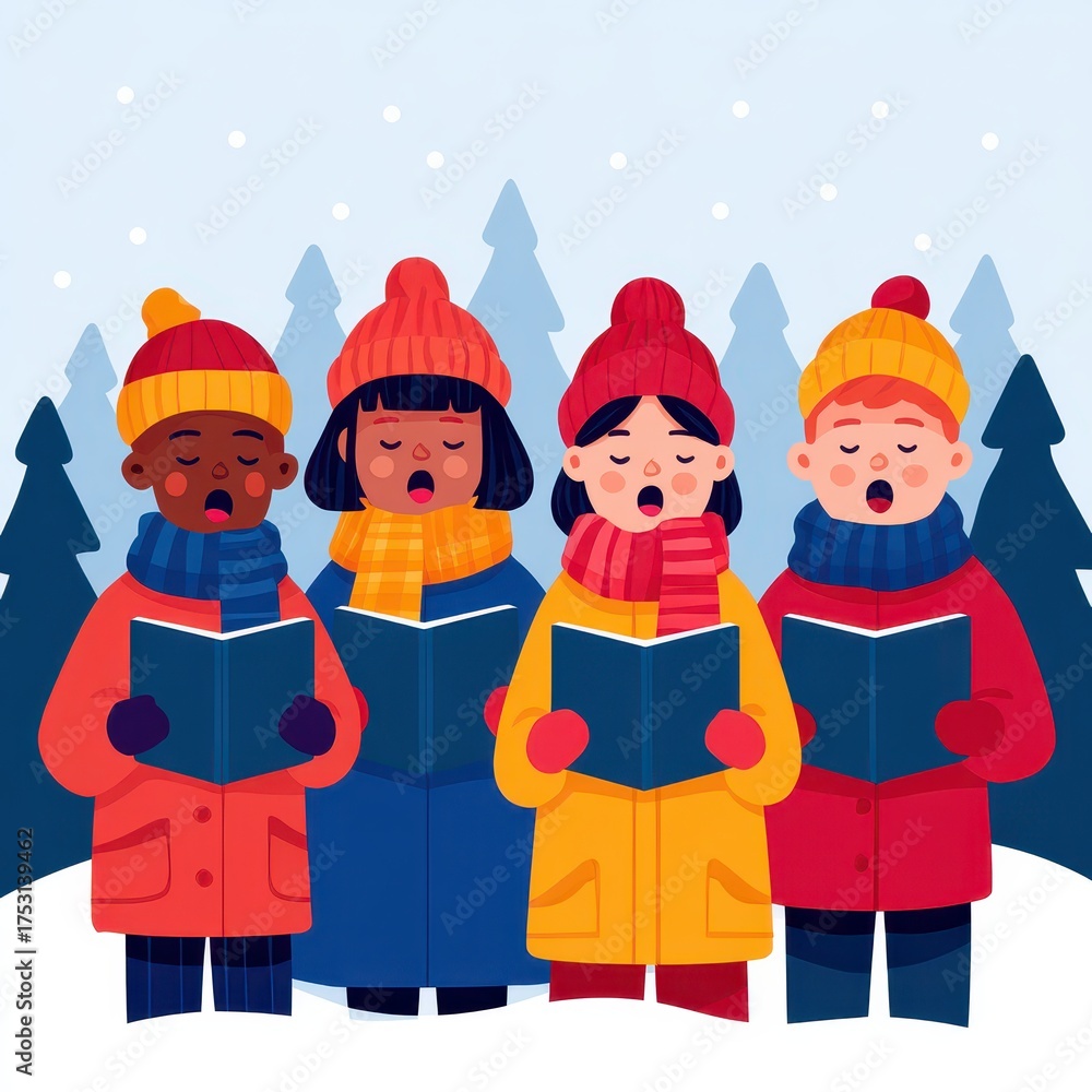 Fototapeta premium A group of children singing joyfully in winter outfits amidst a snowy forest.