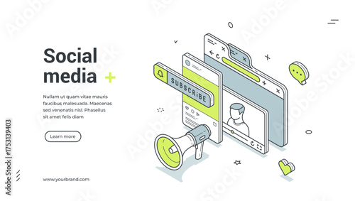 Social media marketing internet integration promo isometric web banner design template vector illustration. Online communication cyberspace auditorium community network advertising digital technology