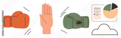 Boxing gloves clashing, a raised hand for pause, data chart, and cloud icon. Ideal for conflict management, teamwork, communication, decision-making analysis leadership balance. Simple flat