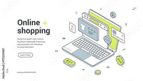 Online shopping buying goods internet isometric web banner design template vector illustration. Retail store shop marketplace order laptop cyberspace commercial e business digital technology
