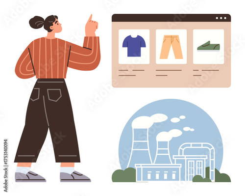 Woman observing online clothing store while factory emits pollution in the background. Ideal for sustainability, eco-awareness, conscious shopping, carbon footprint, ethical production, environmental